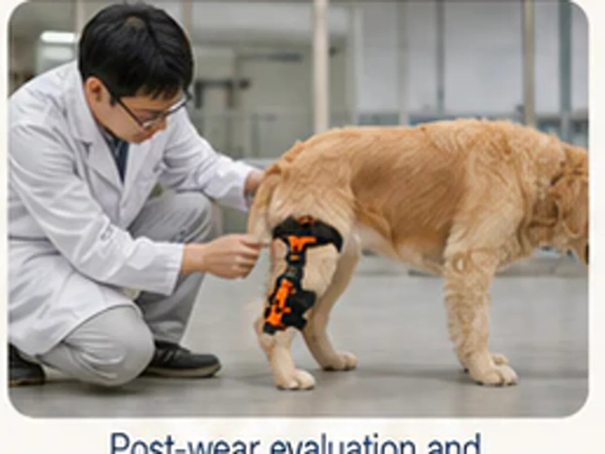 Researcher evaluating a dog fitted with a K9BracePro articulated brace