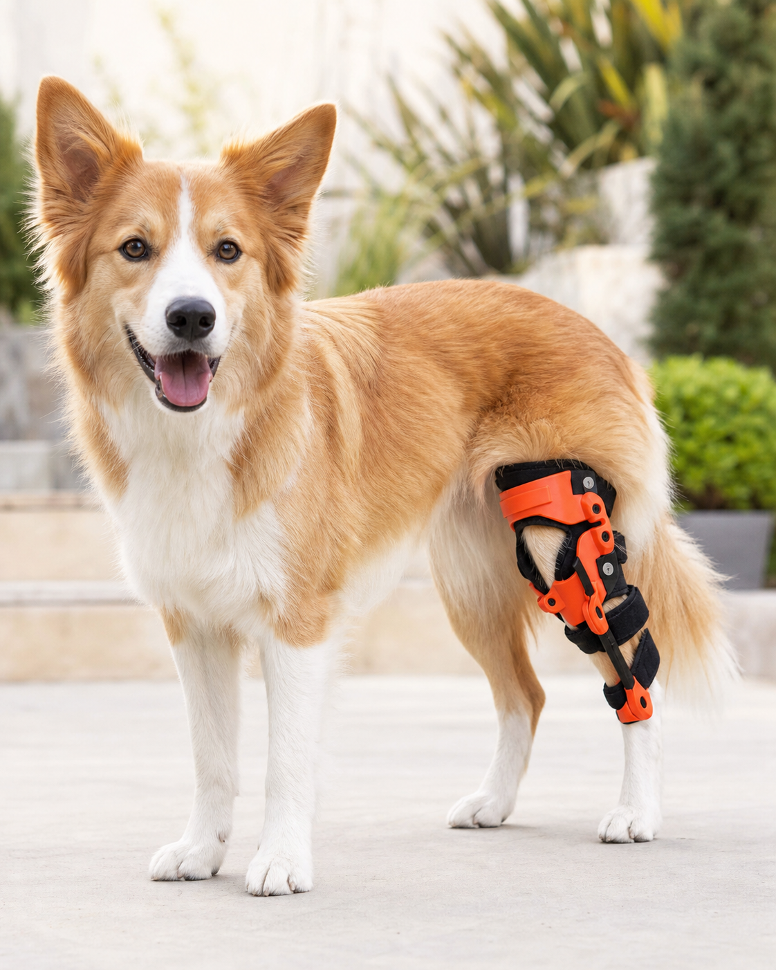Dog wearing an orange K9BracePro custom knee brace